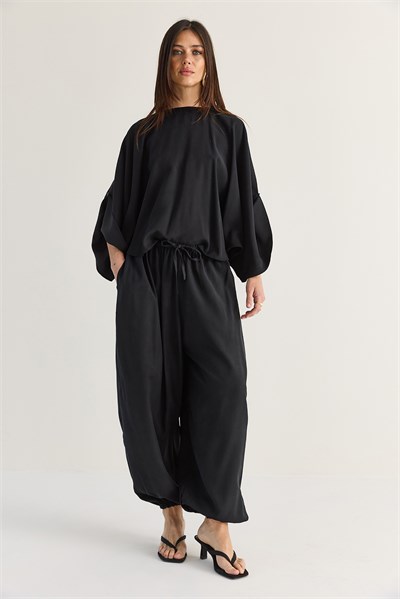 Kadın Yarasa Kol Oversize Bluz Şalvar Pantolon Modal Alt-Üst Takım 4183 60286473 - Siyah