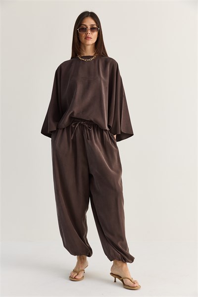 Kadın Yarasa Kol Oversize Bluz Şalvar Pantolon Modal Alt-Üst Takım 4183 60286473 - Acı Kahve