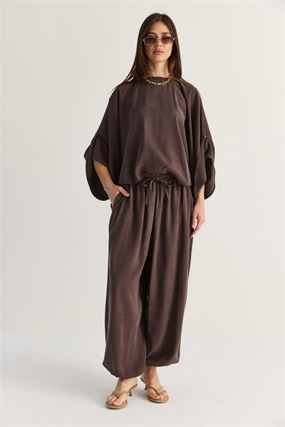 Kadın Yarasa Kol Oversize Bluz Şalvar Pantolon Modal Alt-Üst Takım 4183 60286473 - Acı Kahve