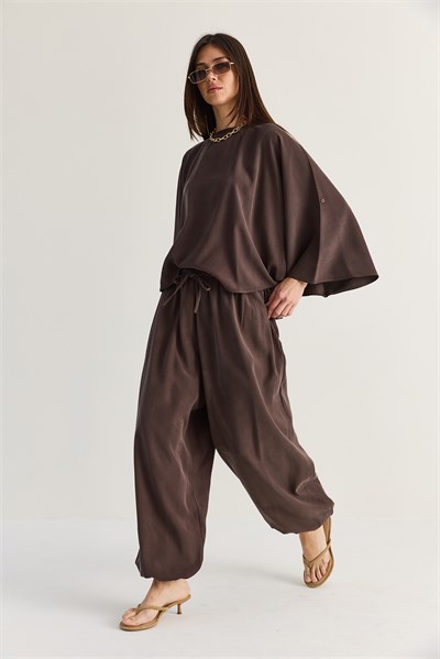 Kadın Yarasa Kol Oversize Bluz Şalvar Pantolon Modal Alt-Üst Takım 4183 60286473 - Acı Kahve