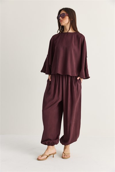 Kadın Yarasa Kol Oversize Bluz Şalvar Pantolon Modal Alt-Üst Takım 4183 60286473 - Mürdüm