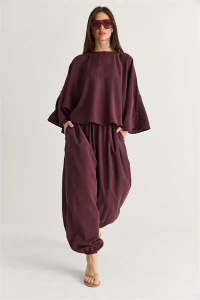 Kadın Yarasa Kol Oversize Bluz Şalvar Pantolon Modal Alt-Üst Takım 4183 60286473 - Mürdüm