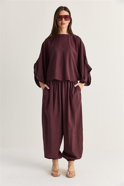 Kadın Yarasa Kol Oversize Bluz Şalvar Pantolon Modal Alt-Üst Takım 4183 60286473 - Mürdüm