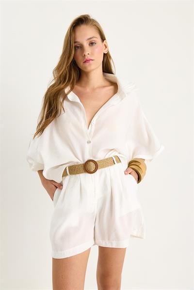 Kadın Yarasa Kol Oversize Gömlek Hasır Kemerli Şort Modal Takım 4010 60283476 - Beyaz