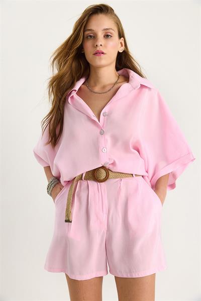 Kadın Yarasa Kol Oversize Gömlek Hasır Kemerli Şort Modal Takım 4010 60283476 - Pudra