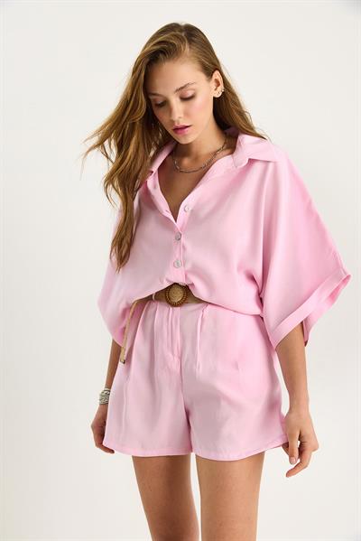 Kadın Yarasa Kol Oversize Gömlek Hasır Kemerli Şort Modal Takım 4010 60283476 - Pudra