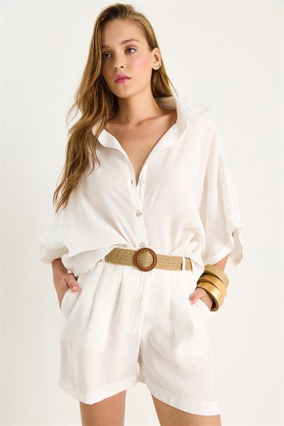 Kadın Yarasa Kol Oversize Gömlek Hasır Kemerli Şort Modal Takım 4010 60283476 - Beyaz