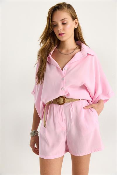 Kadın Yarasa Kol Oversize Gömlek Hasır Kemerli Şort Modal Takım 4010 60283476 - Pudra