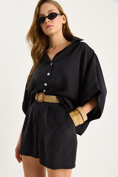 Kadın Yarasa Kol Oversize Gömlek Hasır Kemerli Şort Modal Takım 4010 60283476 - Siyah