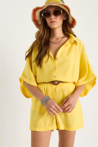 Kadın Yarasa Kol Oversize Gömlek Hasır Kemerli Şort Modal Takım 4010 60283476 - Sarı