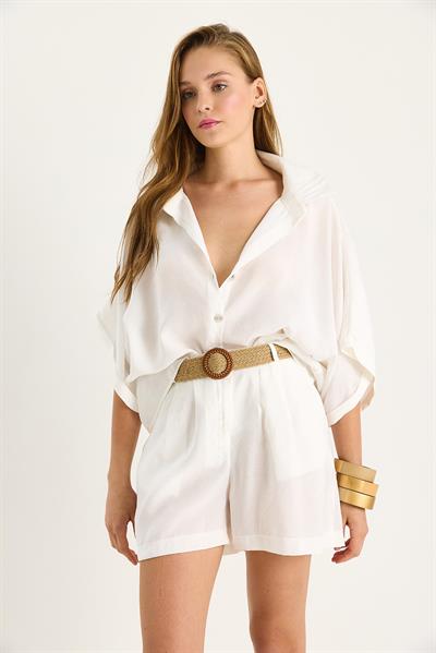 Kadın Yarasa Kol Oversize Gömlek Hasır Kemerli Şort Modal Takım 4010 60283476 - Beyaz