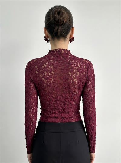 Kadın Yarım Balıkçı Yaka Uzun Kollu Transparan Dantel Bluz 6025 60283937 - Vişne