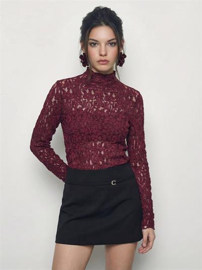 Kadın Yarım Balıkçı Yaka Uzun Kollu Transparan Dantel Bluz 6025 60283937 - Vişne