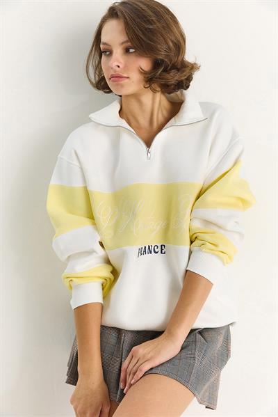 Kadın Yarım Fermuarlı Nakış Detaylı Renk Bloklu Oversize Sweatshirt 10001 60283561 - Beyaz-Sarı