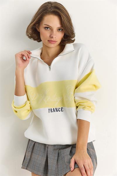 Kadın Yarım Fermuarlı Nakış Detaylı Renk Bloklu Oversize Sweatshirt 10001 60283561 - Beyaz-Sarı
