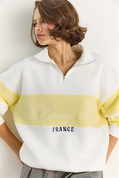 Kadın Yarım Fermuarlı Nakış Detaylı Renk Bloklu Oversize Sweatshirt 10001 60283561 - Beyaz-Sarı