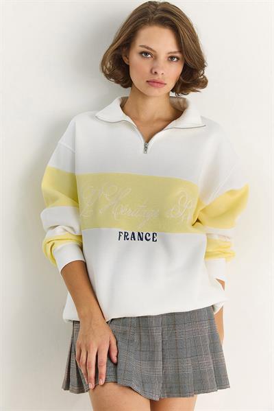 Kadın Yarım Fermuarlı Nakış Detaylı Renk Bloklu Oversize Sweatshirt 10001 60283561 - Beyaz-Sarı