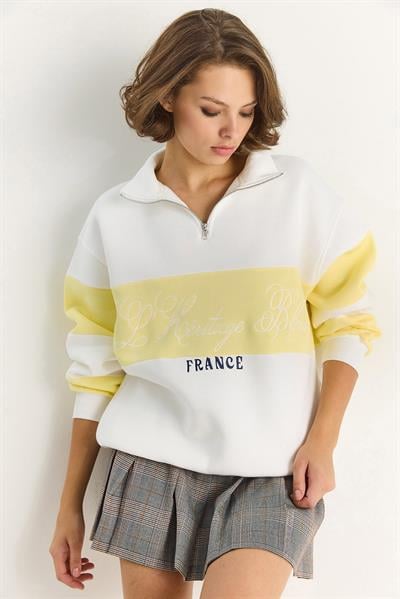 Kadın Yarım Fermuarlı Nakış Detaylı Renk Bloklu Oversize Sweatshirt 10001 60283561 - Beyaz-Sarı