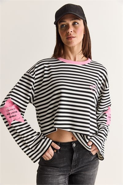 Kadın Yazı Baskılı Çizgili Bisiklet Yaka Oversize İspanyol Kol Sweatshirt 2396 60286695 - Beyaz-Pembe