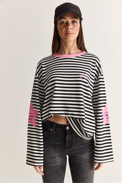 Kadın Yazı Baskılı Çizgili Bisiklet Yaka Oversize İspanyol Kol Sweatshirt 2396 60286695 - Beyaz-Pembe