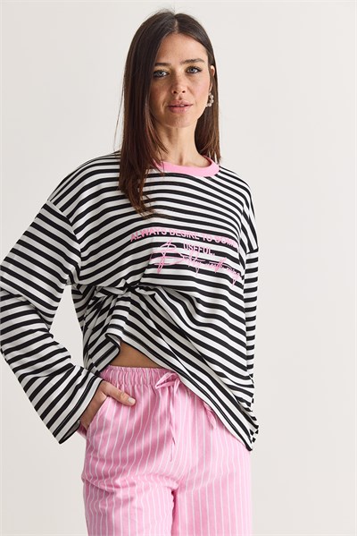Kadın Yazı Baskılı Çizgili Bisiklet Yaka Oversize Uzun Kol Sweatshirt 2389 60286694 - Beyaz-Pembe