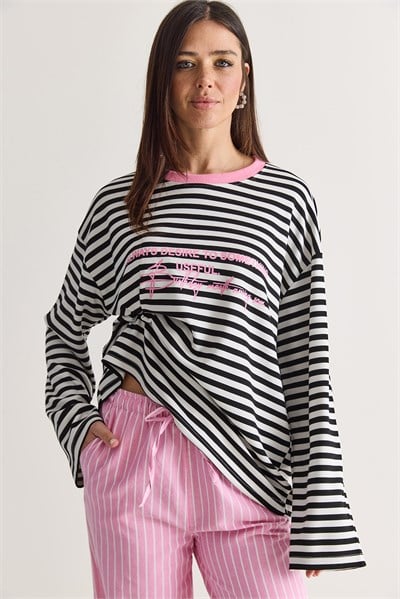Kadın Yazı Baskılı Çizgili Bisiklet Yaka Oversize Uzun Kol Sweatshirt 2389 60286694 - Beyaz-Pembe