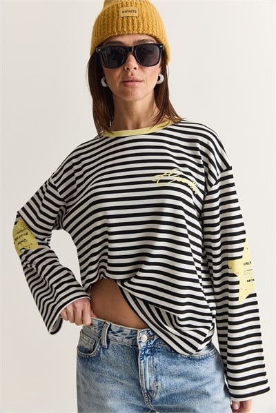 Kadın Yazı Baskılı Çizgili Bisiklet Yaka Oversize İspanyol Kol Sweatshirt 2396 60286695 - Beyaz-Sarı
