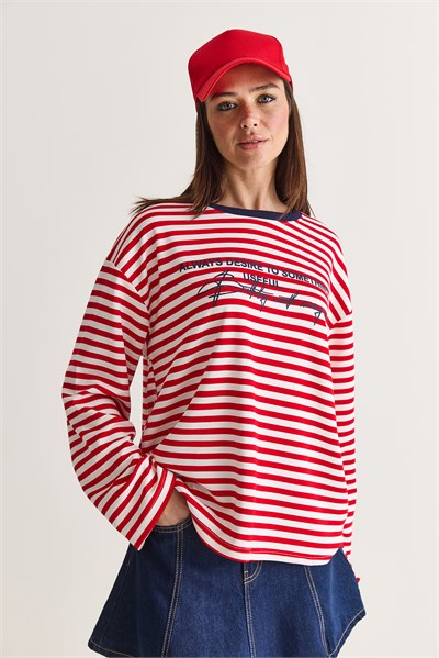 Kadın Yazı Baskılı Çizgili Bisiklet Yaka Oversize Uzun Kol Sweatshirt 2389 60286694 - Kırmızı-Lacivert
