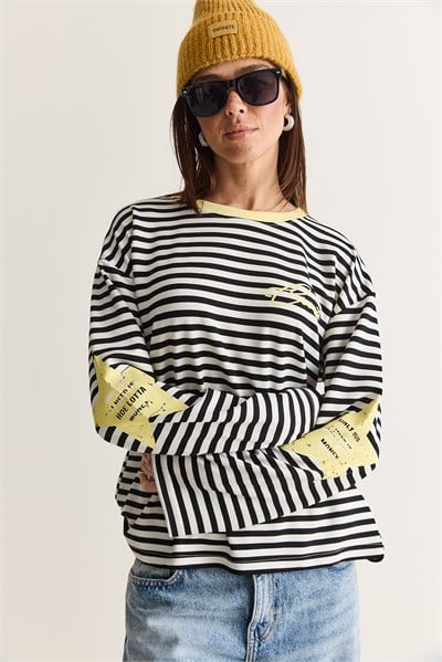 Kadın Yazı Baskılı Çizgili Bisiklet Yaka Oversize İspanyol Kol Sweatshirt 2396 60286695 - Beyaz-Sarı