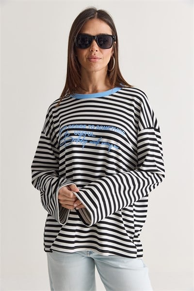 Kadın Yazı Baskılı Çizgili Bisiklet Yaka Oversize Uzun Kol Sweatshirt 2389 60286694 - Beyaz-Mavi