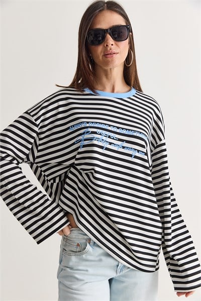 Kadın Yazı Baskılı Çizgili Bisiklet Yaka Oversize Uzun Kol Sweatshirt 2389 60286694 - Beyaz-Mavi