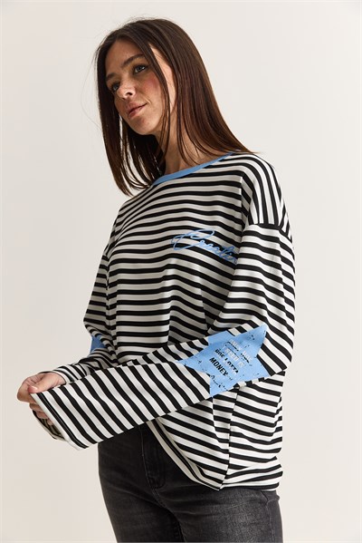 Kadın Yazı Baskılı Çizgili Bisiklet Yaka Oversize İspanyol Kol Sweatshirt 2396 60286695 - Beyaz-Mavi