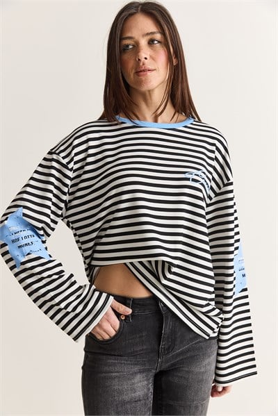 Kadın Yazı Baskılı Çizgili Bisiklet Yaka Oversize İspanyol Kol Sweatshirt 2396 60286695 - Beyaz-Mavi