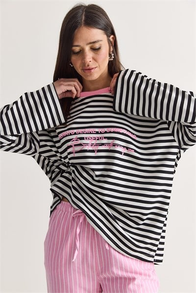Kadın Yazı Baskılı Çizgili Bisiklet Yaka Oversize Uzun Kol Sweatshirt 2389 60286694 - Beyaz-Pembe