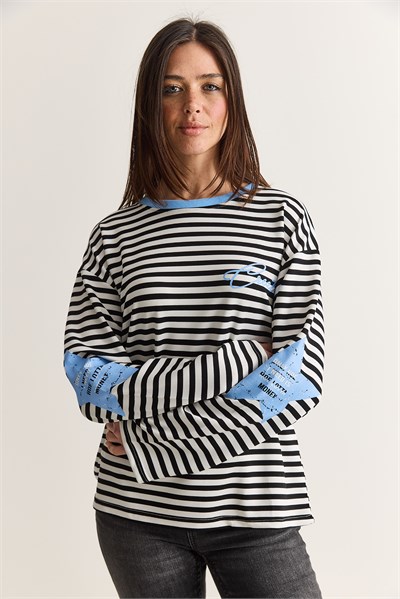 Kadın Yazı Baskılı Çizgili Bisiklet Yaka Oversize İspanyol Kol Sweatshirt 2396 60286695 - Beyaz-Mavi