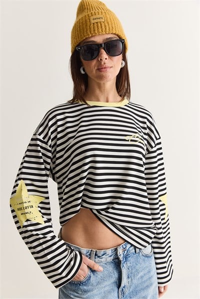 Kadın Yazı Baskılı Çizgili Bisiklet Yaka Oversize İspanyol Kol Sweatshirt 2396 60286695 - Beyaz-Sarı