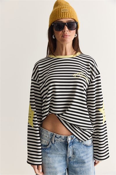 Kadın Yazı Baskılı Çizgili Bisiklet Yaka Oversize İspanyol Kol Sweatshirt 2396 60286695 - Beyaz-Sarı