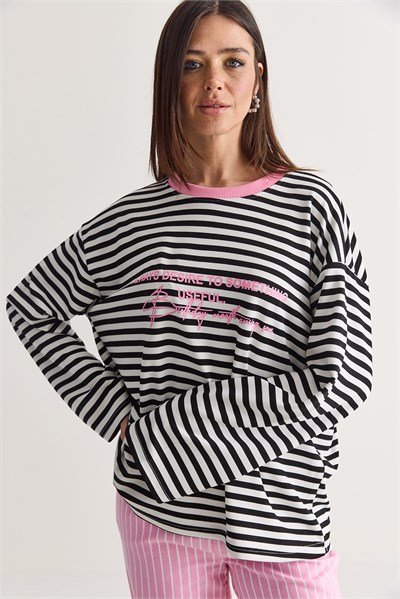 Kadın Yazı Baskılı Çizgili Bisiklet Yaka Oversize Uzun Kol Sweatshirt 2389 60286694 - Beyaz-Pembe