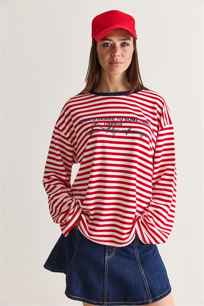 Kadın Yazı Baskılı Çizgili Bisiklet Yaka Oversize Uzun Kol Sweatshirt 2389 60286694 - Kırmızı-Lacivert