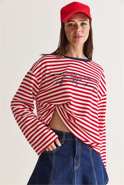 Kadın Yazı Baskılı Çizgili Bisiklet Yaka Oversize Uzun Kol Sweatshirt 2389 60286694 - Kırmızı-Lacivert