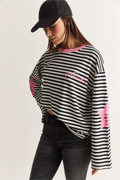 Kadın Yazı Baskılı Çizgili Bisiklet Yaka Oversize İspanyol Kol Sweatshirt 2396 60286695 - Beyaz-Pembe