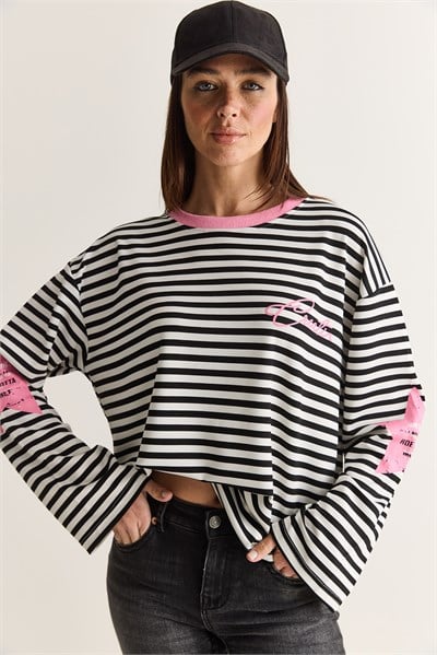 Kadın Yazı Baskılı Çizgili Bisiklet Yaka Oversize İspanyol Kol Sweatshirt 2396 60286695 - Beyaz-Pembe