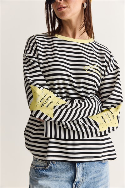 Kadın Yazı Baskılı Çizgili Bisiklet Yaka Oversize İspanyol Kol Sweatshirt 2396 60286695 - Beyaz-Sarı