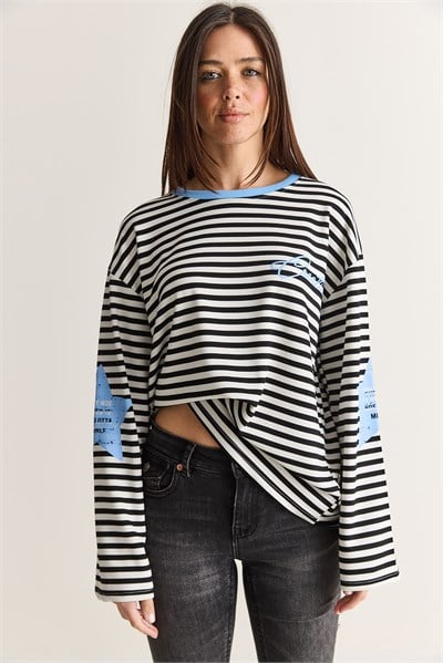 Kadın Yazı Baskılı Çizgili Bisiklet Yaka Oversize İspanyol Kol Sweatshirt 2396 60286695 - Beyaz-Mavi