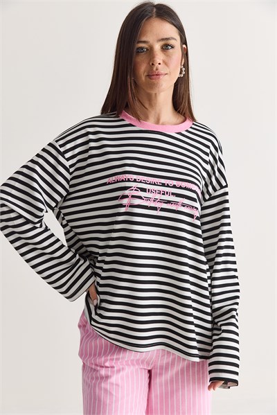 Kadın Yazı Baskılı Çizgili Bisiklet Yaka Oversize Uzun Kol Sweatshirt 2389 60286694 - Beyaz-Pembe