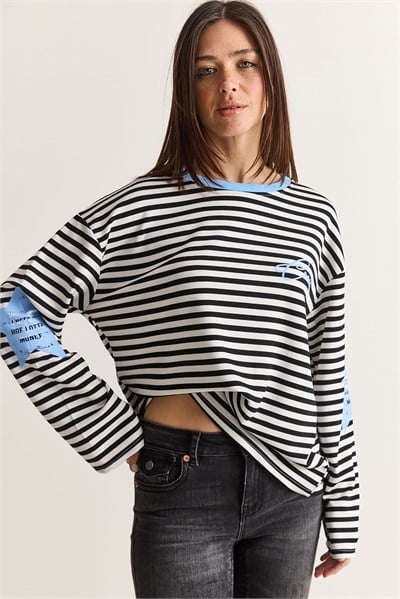 Kadın Yazı Baskılı Çizgili Bisiklet Yaka Oversize İspanyol Kol Sweatshirt 2396 60286695 - Beyaz-Mavi