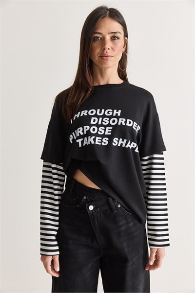 Kadın Yazı Baskılı Çizgili Katmanlı Kol Bisiklet Yaka Oversize Sweatshirt 2387 60286693 - Siyah