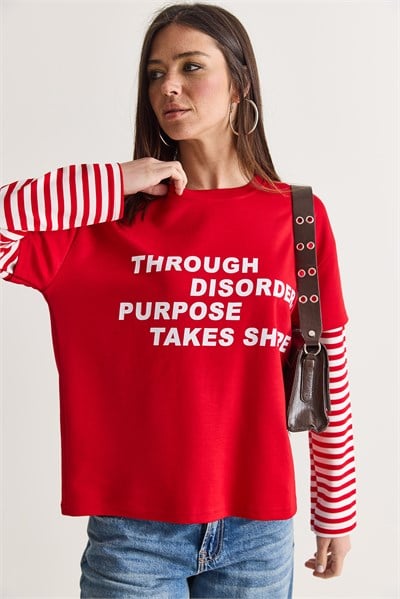 Kadın Yazı Baskılı Çizgili Katmanlı Kol Bisiklet Yaka Oversize Sweatshirt 2387 60286693 - Kırmızı