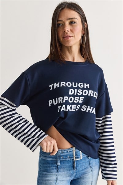 Kadın Yazı Baskılı Çizgili Katmanlı Kol Bisiklet Yaka Oversize Sweatshirt 2387 60286693 - Lacivert