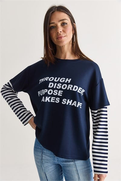 Kadın Yazı Baskılı Çizgili Katmanlı Kol Bisiklet Yaka Oversize Sweatshirt 2387 60286693 - Lacivert